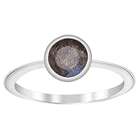 Gray Natural Labradorite 6 MM Round Cut 925 Sterling Silver Stacking Ring