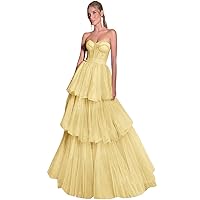 Strapless Tiered Tulle Prom Dresses 2024 Sweetheart Ball Gowns for Women Formal A-Line Evening Party Dresses with Bow