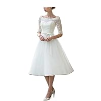 Tea Length Wedding Dress Lace Bridal Dress Belt Wedding Party Gown Short Sleeves