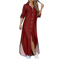 Plus Size Women Button Down Long Sleeve Shirt Maxi Dress Fashion Curved Hem Lapel Casual Dressy Tunic Kaftan Dress