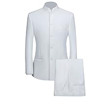 Men 2 Pieces Chinese Tunic Suit Mandarin Collar Blazer Set Button Jacket Pant Set Traditional Uniform Groom Dress