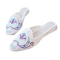 Pointed Toe Satin Slippers For Ladies Ethnic Hanfu Shoe Flat Heeled Vintage Women Mules Spring Slides Female Sandal