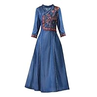 Vintage Women Long Mid-Calf Half Sleeve Autumn Denim Chinese Style Embroidery Dress