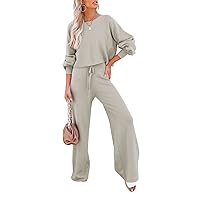 Pink Queen Women's 2 Piece Outfit Sweater Set Long Sleeve Crop Knit Top and Wide Leg Long Pants Sweatsuit