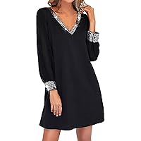 Date Night Dress,Women Shiny Mesh Stitching Glamorous Black V Neck Mini Dress Long Sleeve Mesh Body Sexy Long F