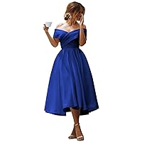 Women's Off Shoulder Prom Dresses Backless Ruched Satin Formal Evening Ball Gowns Wedding Party Dress with Pockets