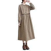 Spring Autumn Plaid Patchwork Long Sleeve Dress for Women Cotton Office Lady Vintage Casual Elegant Dresses Clothes
