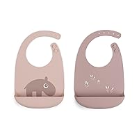 Ozzo Silicone Bib 2-Pack in Powder - Easy-to-Clean, Waterproof, and Adjustable Bibs with Large Pocket for Catching Food, Perfect for Mealtime