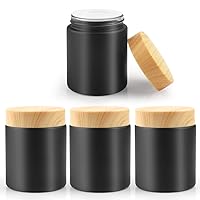 100g/3.4oz Black Frosted Glass Cream Jars Refillable Cosmetic Containers Empty Sample Jar Pot with Plastic Wood Grain Lids for Lotion Cream Eyeshadow Moisturiser Make Up - 4 Pack