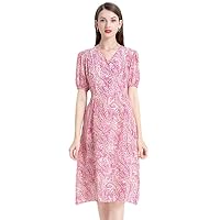 Women's Silk Dress Spring and Summer New V-Neck Short Sleeve Waist Red Floral Mulberry Silk Mid-Length MIDI Skirt (XL)