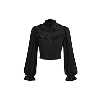 Verdusa Women's Ruffle Trim Button Down Mock Neck Long Sleeve Crop Shirt Blouse Top