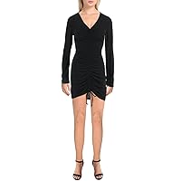 Womens Black Ribbed Adjustable Ruched Unlined Tie Pullover Long Sleeve V Neck Short Cocktail Body Con Dress Juniors M