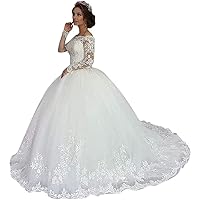 Women's Off The Shoulder Long Sleeves Lace Bridal Ball Gowns Train Wedding Dresses for Bride 2022 Plus Size