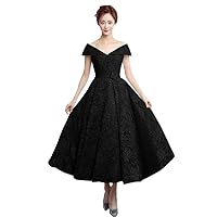 1950's Dresses for Women Lace Off The Shoulder Tea Length Evening Gowns Black US8