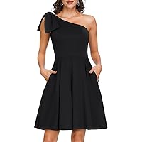 JASAMBAC Women's Bow One Shoulder Dress with Pockets A-line Cocktail Party Dress
