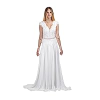 White Boho Lace Chiffon Beach Wedding Dress V Neck Sleeveless Bridal Gown with Pearl Belt