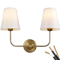 PASSICA DECOR Hardwired 2 Light Modern Armed Wall Sconce with 2pcs Antique Brass Flared White Fabric Shade Double Gold Sconce for Bathroom Vanity Living Room Hallway Stairway Fireplace Farmhouse