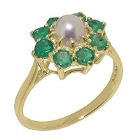 Solid 9k Yellow Gold Cultured Pearl & Emerald Womens Cluster Ring - Sizes 4 to 12 Available