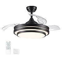 42 Inch Retractable Ceiling Fan with Lights Remote Control, Quiet Dimmable Black Modern Fandelier Ceiling Fan for Bedroom Living Room, 3 CCT 6 Speed Reversible