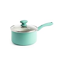 GreenLife Soft Grip Diamond Sandstone Healthy Ceramic Nonstick, 2QT Saucepan Pot with Lid, PFAS-Free, Dishwasher Safe, Turquoise and Cream