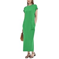 Flygo Dresses for Women Maxi Tshirt Dress Crewneck Slit Cap Sleeve Casual Ankle-Length Summer Sundresses with Pockets(Green-S)