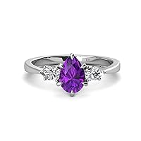 Amethyst Pear Shape 9x7 mm 1.55 ctw accented Natural Diamond Three Stone Women Engagement Ring using Tiger Claw Setting in 14K White Gold