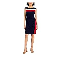 Connected Apparel Womens Navy Ruched Pullover Wrap Look Lined Bodice Color Block Sleeveless Round Neck Above The Knee Sheath Dress 10