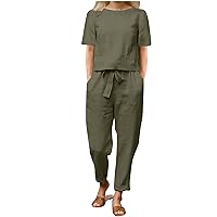 Zeiayuas Cotton Linen Sets for Women UK Plus Size Short Sleeve T Shirts and Wide Leg Pants 2 Piece Outfit Ladies Loose Lounge Wear Matching Set Oversized Tracksuits Sportswear Plain Activewear