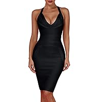 Whoinshop Women's Deep V-Neck Backless Halter Bodycon Cocktail Party Bandage Dress