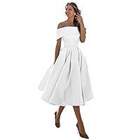 Women's Off The Shoulder Short A-line Homecoming Dress Satin Bridesmaid Prom Gown with Pockets
