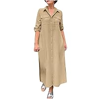 Fall Dresses for Women Solid Long Sleeve V Neck Collared Dress Casual Side Split Button Down Shirts Dress with Pockets