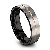 Tungsten Wedding Band Ring 6mm for Men Women 18k Rose Yellow Gold Plated Flat Cut Center Line Black Grey Brushed Polished