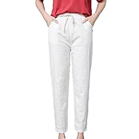 Women's Tapered Waist Ankle Pants Cotton Linen Thin Straight Loose Drawstring Soft Cropped Pants Elastic Waist