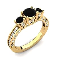 Sterling Silver 925 Black Spinel Three Stone Ring With Yellow Gold Plated | Wedding, Anniversery And Engagement Collection