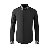 Men's Casual Shirt Collar Cuffs Square Embroidery Casual Men's Solid Color Long-Sleeved Shirt