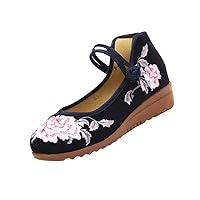 Summer Women Cotton Fabric Loafers Embroidered Casual Wedges Sandals Ladies Ethnic Pumps Button Shoes Dark Blue 4.5