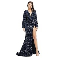 Womens V Neck Sequin Long Sleeve Prom Dress High Split Mermaid Party Cocktail Gowns Wedding Evening Party Dresses