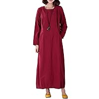 Women's Casual Loose Spring Fall Clothing Long Sleeve Cotton Linen Maxi Dresses Two Pockets