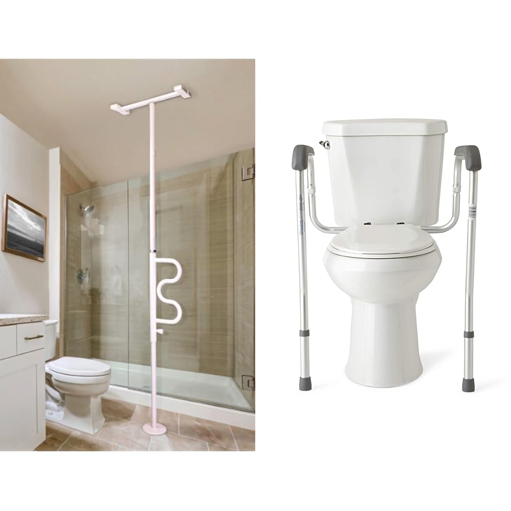 Stander Security Pole and Curve Grab Bar & Medline Toilet Safety Rails, Safety Frame for Toilet with Easy Installation, Height Adjustable Legs, Bathroom Safety