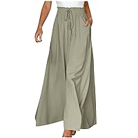 Women's Flowy Palazzo Pants, Drawstring Pocket Elastic Waist Wide Leg Pants for Women Dressy Casual Summer Trousers