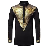 Men's Long Sleeve Shirt Metallic Gold Printed Collar Shirt Traditional Ethnic Festival Wedding Shirt