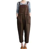 happlan Women's Casual Loose Linen Overalls Jumpsuit Baggy