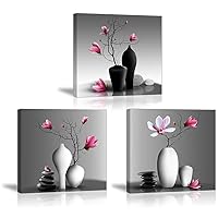 Flower Wall Art for Bathroom Hallway, SZ Elegant Orchid Still Life Canvas Painting Prints, Magnolia in Black and White Vases Picture (Ready to Hang, Waterproof Decor)