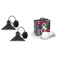 Globe Electric 44165 Sebastien 1-Light Black Outdoor Wall Sconce, 2-Pack + 34207 Wi-Fi Smart 10W (60W Equivalent) Multicolor Changing RGB Tunable White Frosted LED Light Bulb 2-Pack