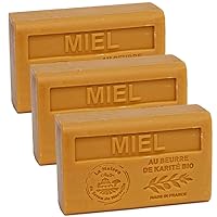 Savon de Marseille - French Soap made with Organic Shea Butter - Honey Fragrance - Suitable for All Skin Types - 125 Gram Bars - Set of 3