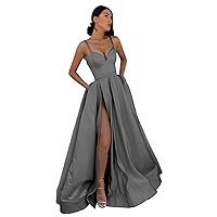 Women's Satin Prom Dresses Long Ball Gown V Neck High Slit Ruched Corset Formal Party Dress with Pockets