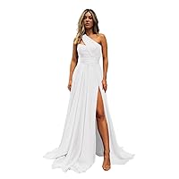 Maxianever Plus Size White Bridesmaid Dresses with Slit Women’s Chiffon One Shoulder Long Wedding Guest Gowns A Line Prom US24W