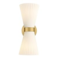 Gold Sconce Wall Lighting, HWH Single Wall Vanity Light Fixture Brushed Gold Wall Sconce Lamp, Modern Indoor Up Down Wall Light with Frosted Milk White Striped Glass Shade, 5HZG97B-2W BG