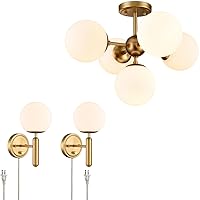 DIRYZON Modern Dimmable Plug in Wall Light and Sputnik Ceiling Light with Opal Globe Glass Bundle