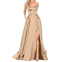 Women's Elegant Sleeveless Prom Dresses Long Satin Spaghetti Straps Plus Size Evening Formal Ball Gowns with Slit